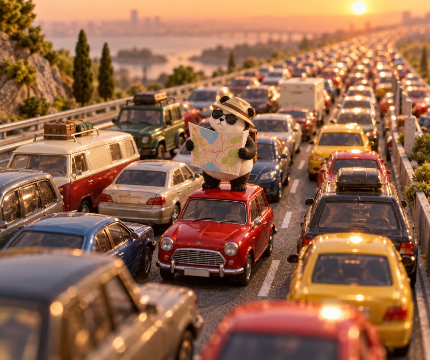 The panda standing on the roof of his red car, reading a map in the middle of the jam